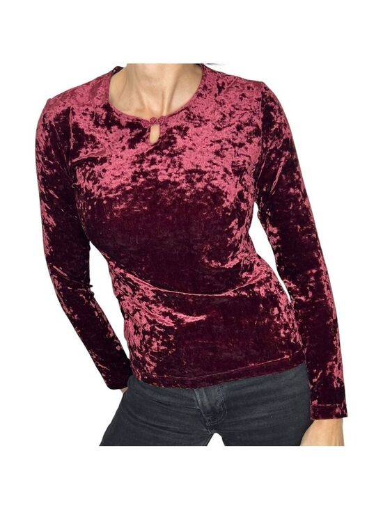 Vintage Tops - 90s Y2K Esprit crushed velour burgundy minimalist top M